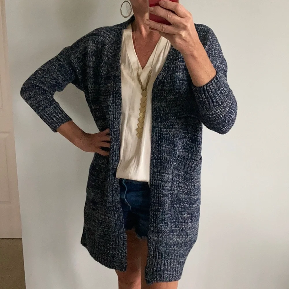 Navy Long Open Front Cardigan Sweater - Picture 3 of 11